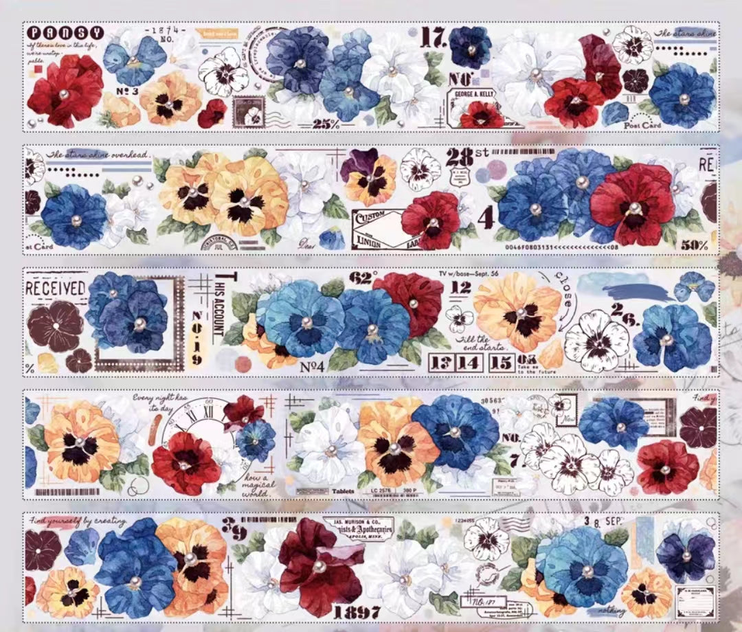 Retro journal tape（tricolor flower）6 meters/roll