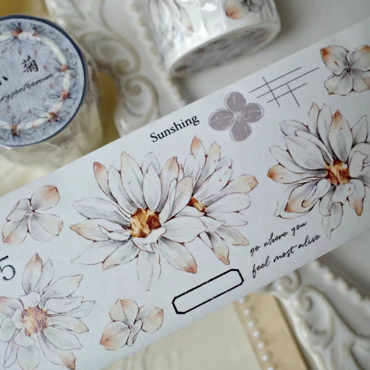 Journal Tape (white chrysanthemum）6 meters/roll