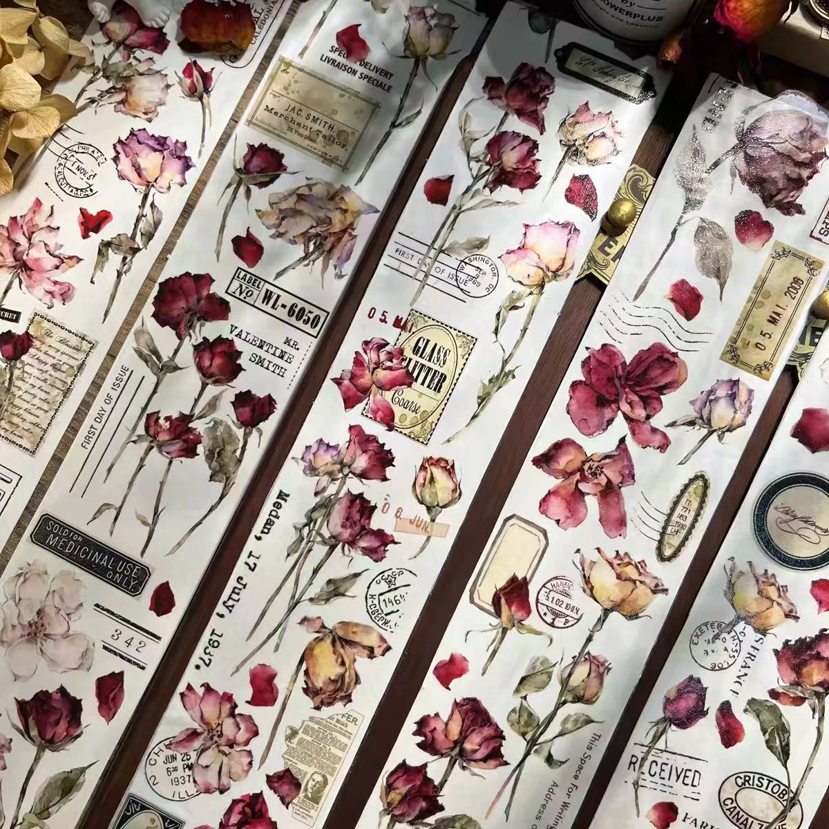 Journal Tape （Vintage red roses）6 meters/roll