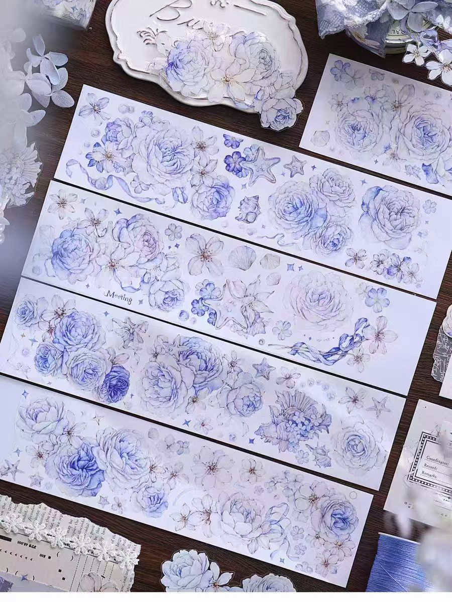 Journal tape (Retro blue and white rose) 6meters/roll