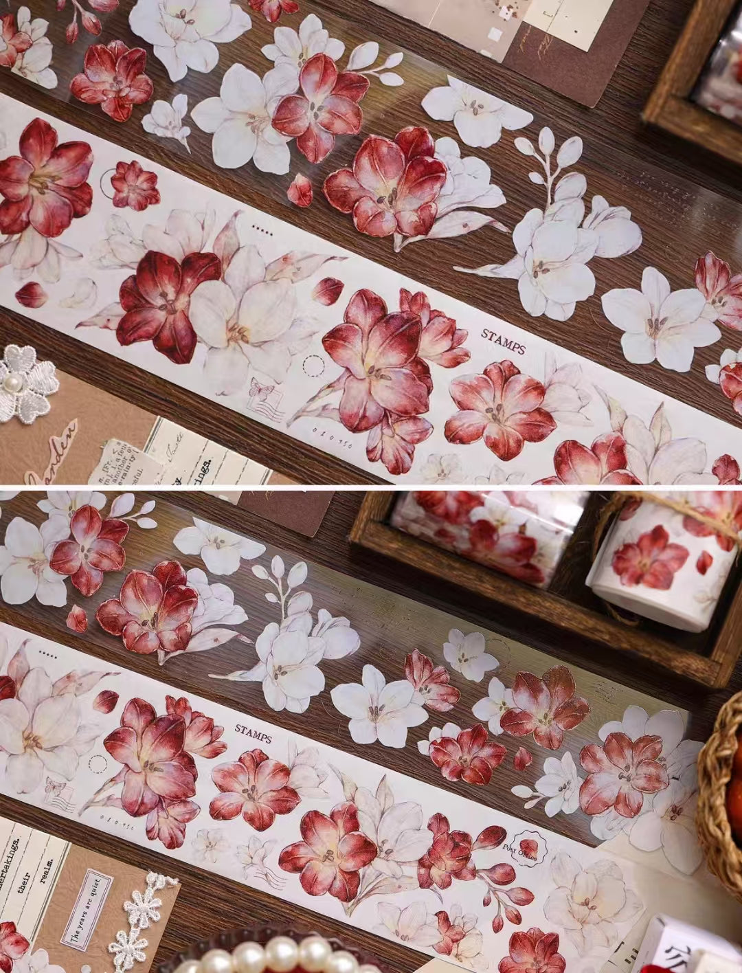 Journal tape (Red and white flowers) 6meters/roll