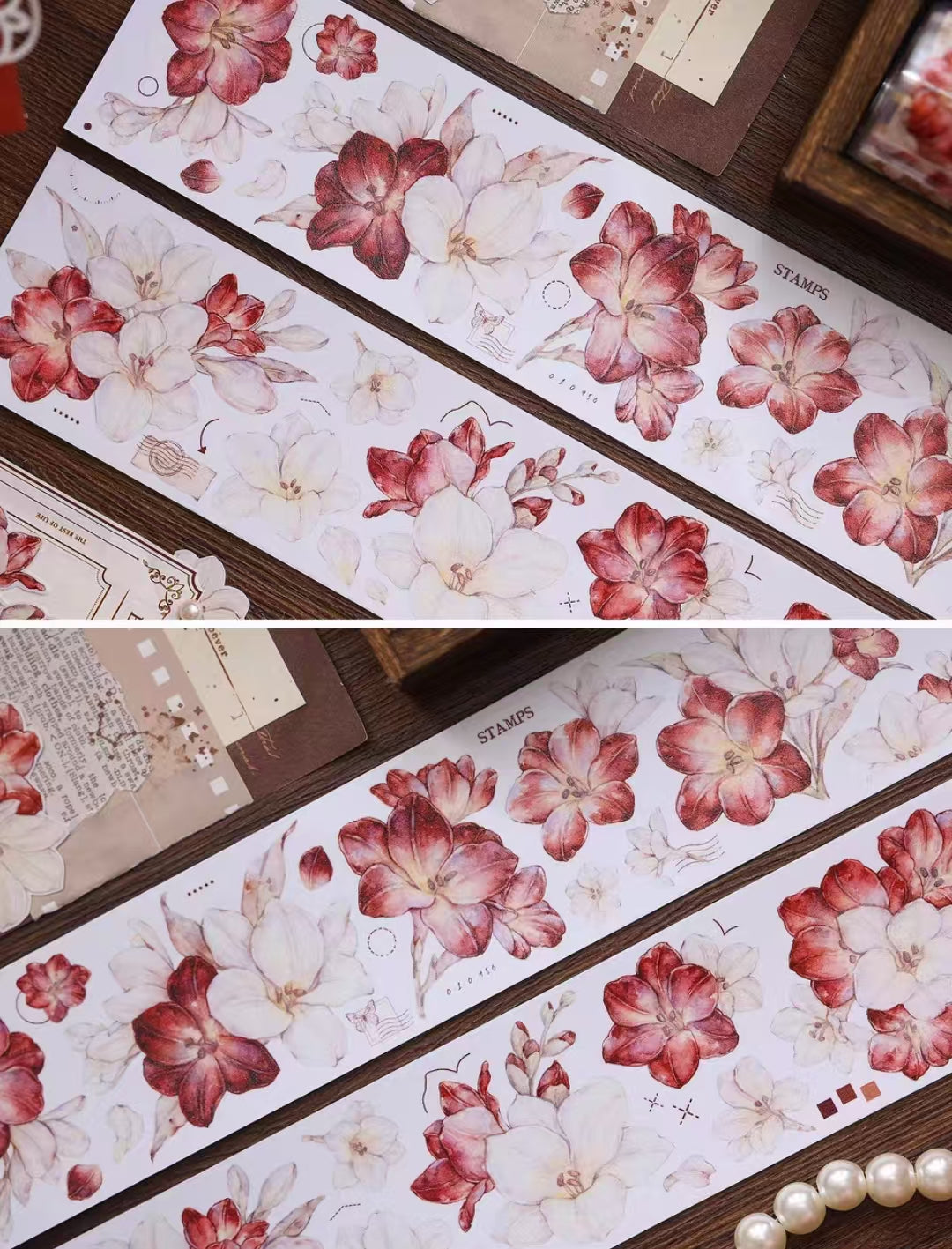 Journal tape (Red and white flowers) 6meters/roll